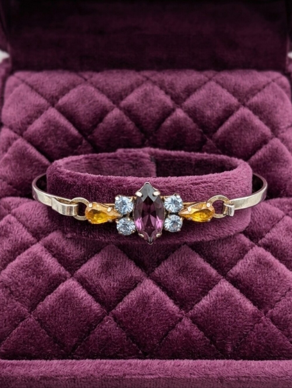 VINTAGE Marquise Amethyst Purple Rhinestone Bangle Bracelet Citrine Aqua Accents